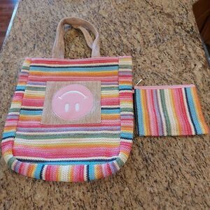 Packed Party Bring on the Fun Smiley Woven Rainbow Tote Bag/Zip Pouch NEW